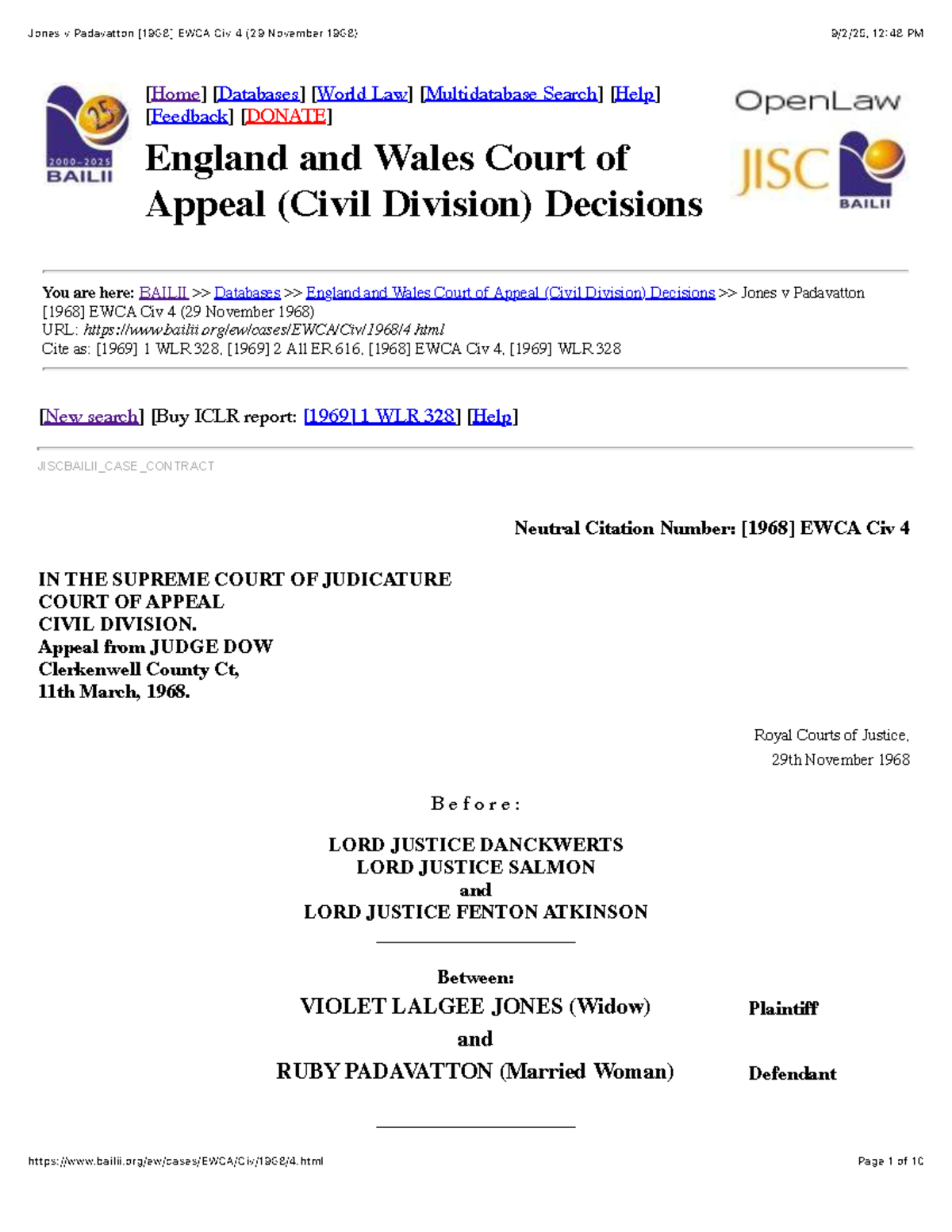 Jones v Padavatton EWCA Civ 4 (1968) - Contract Law Analysis - Studocu