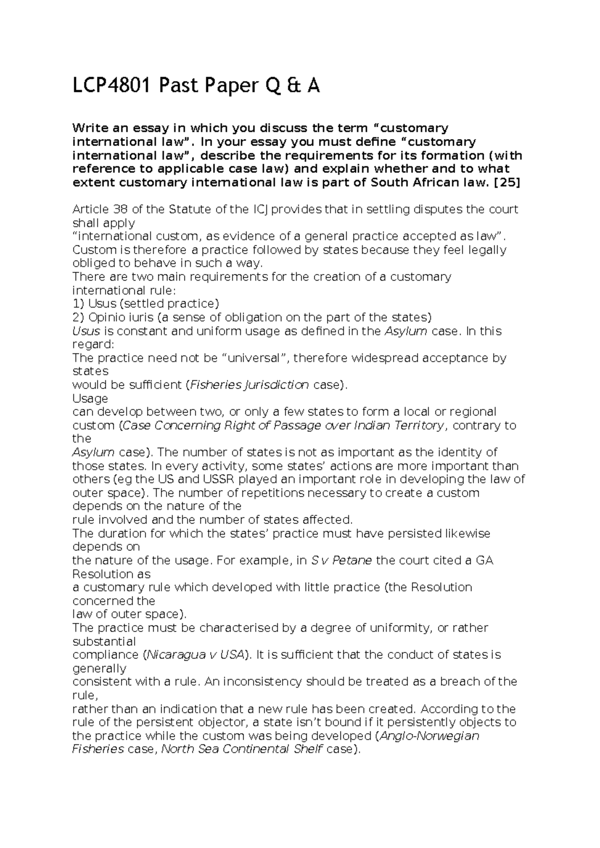 LCP4801 Final Exam Preparation: Customary International Law & South ...