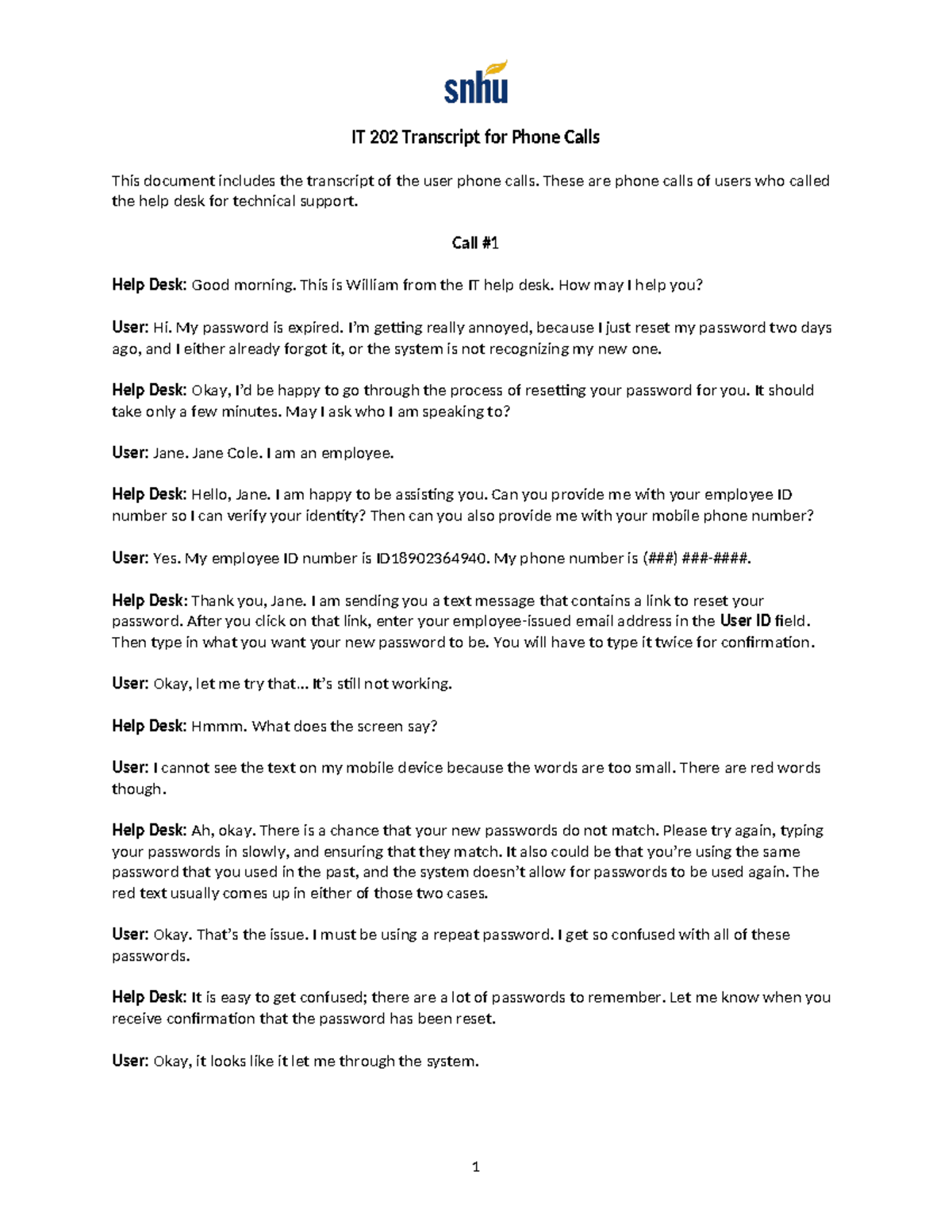 IT 202 Phone Call Transcript: User Help Desk Interaction - Studocu