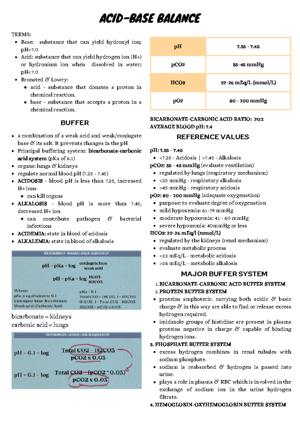 ACID-BASE Balance.pdf 2 - pH 7 - 7. pCO2 35-45 mmHg HCO3 22-26 mEq/L ...