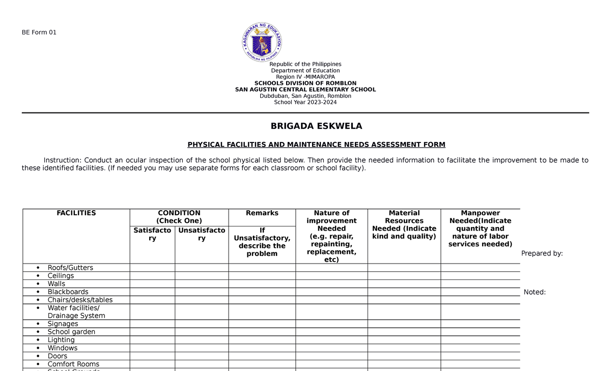 BE Form 1 Physical Facilities AND Maintenance Needs Assessment FORM ...