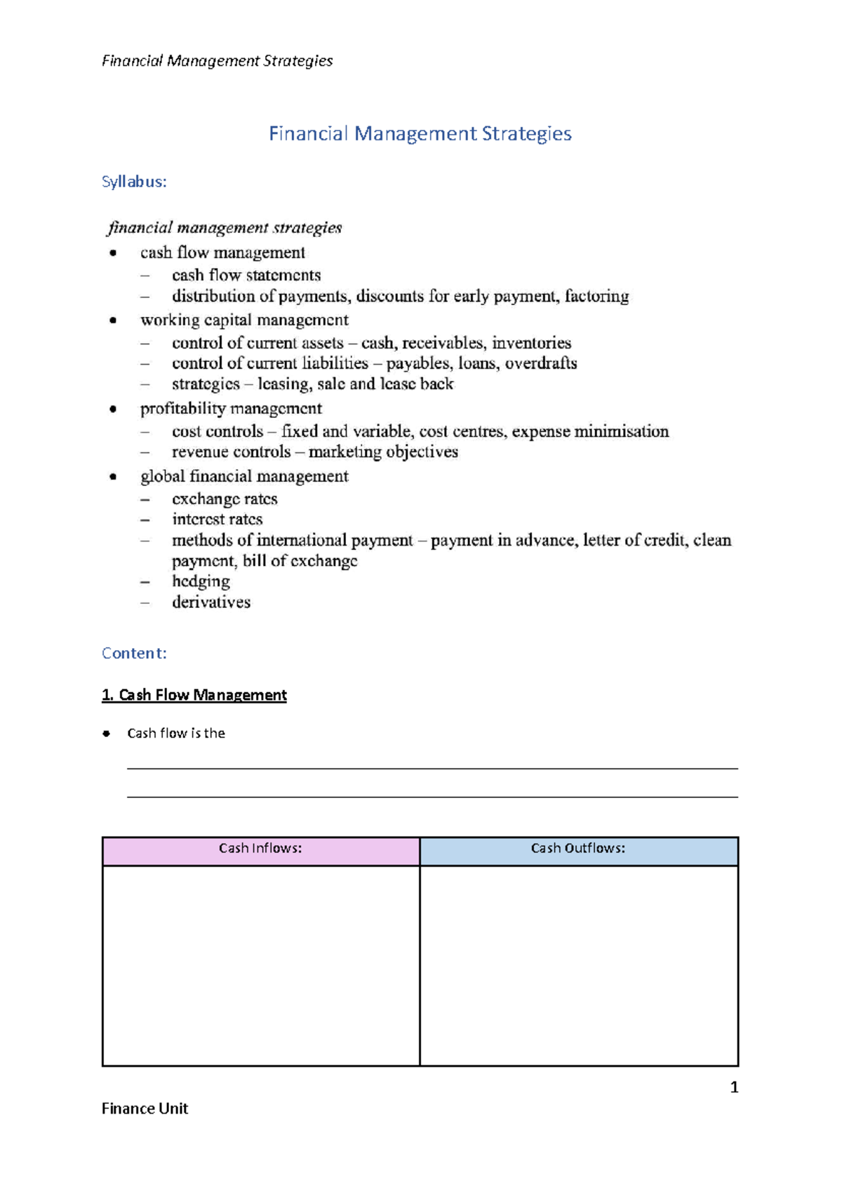 Financial Management Strategies Syllabus: Key Concepts & Tasks - Studocu