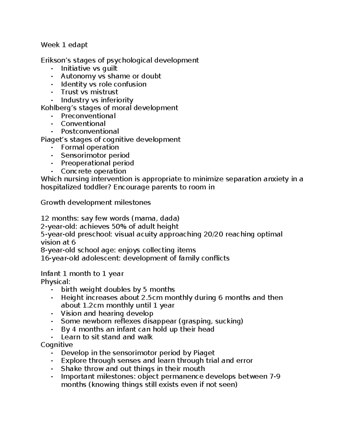 Exam 1 review - study notes - Week 1 edapt Erikson’s stages of ...