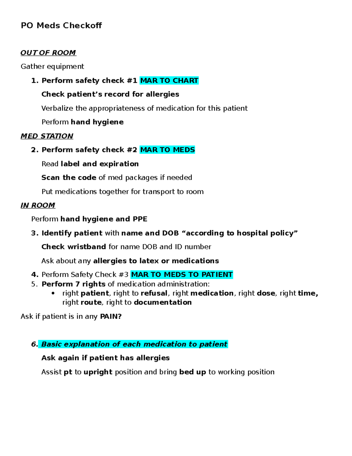 PO Meds Checkoff Procedure for Safe Administration and Patient Care ...