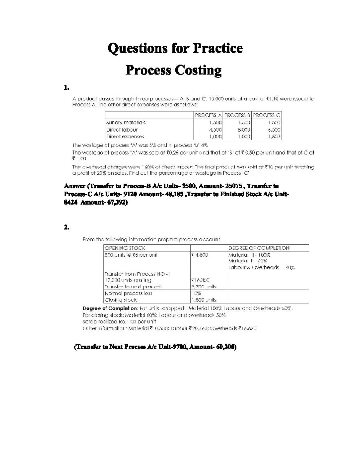 Process Costing - Practice question - Questions for Practice Process ...