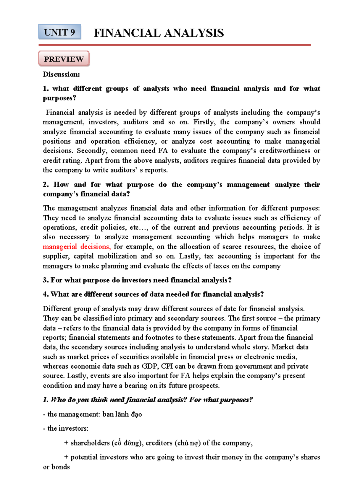 UNIT 9: FINANCIAL ANALYSIS - Key Insights and Applications - Studocu