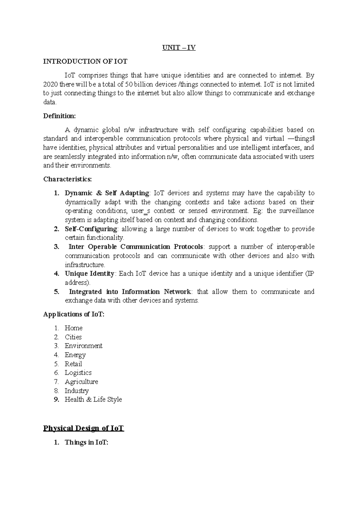 Unit IV Notes on Introduction to IoT (EIOT) and Applications - Studocu