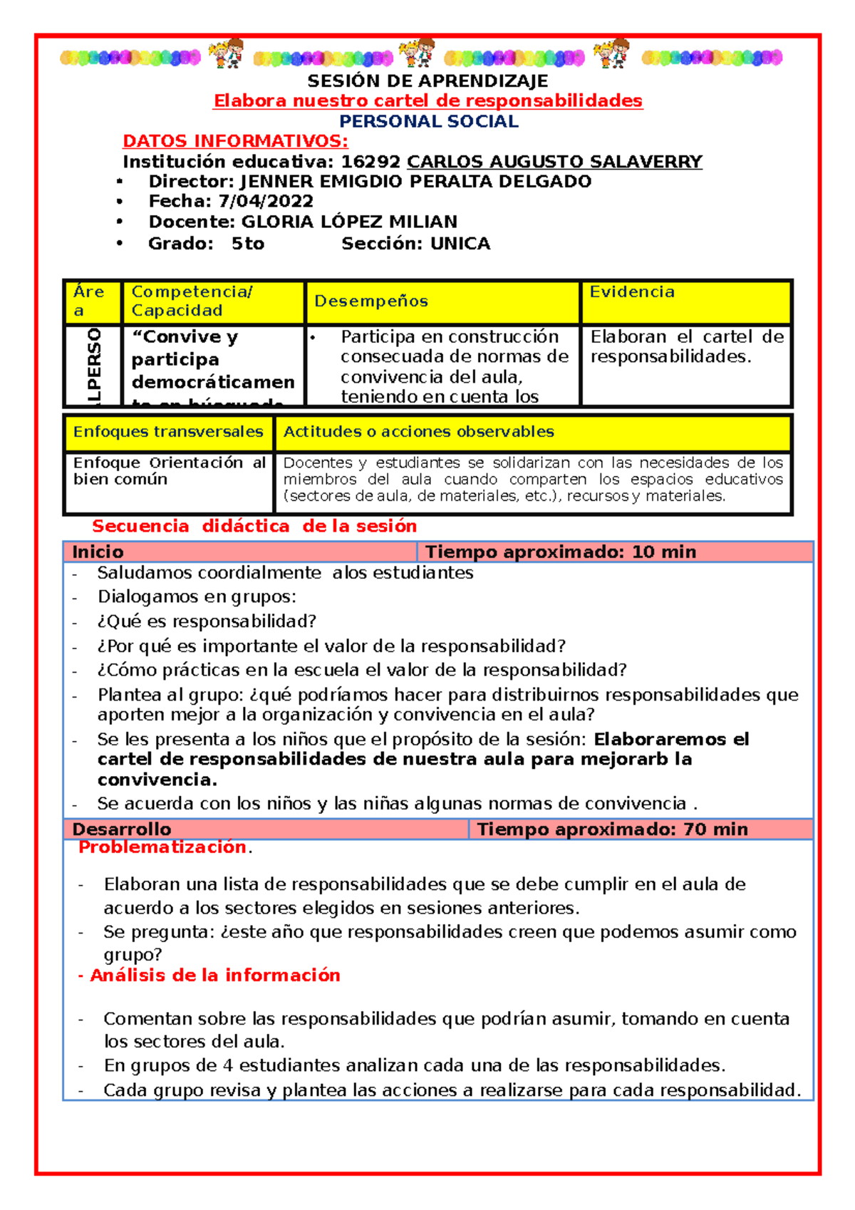 DIA Nº 04: Cartel de Responsabilidades en Personal Social - Studocu