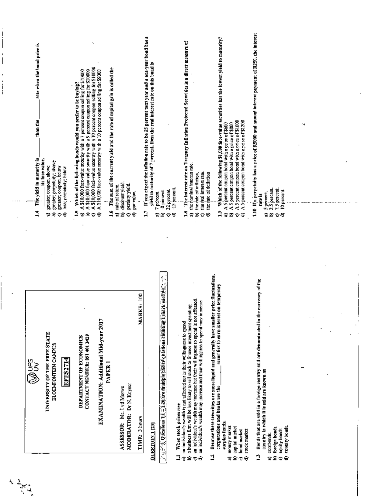 EFES EXAM Paper 2017 - UFS UV 1 The yield to maturity is than the rate ...