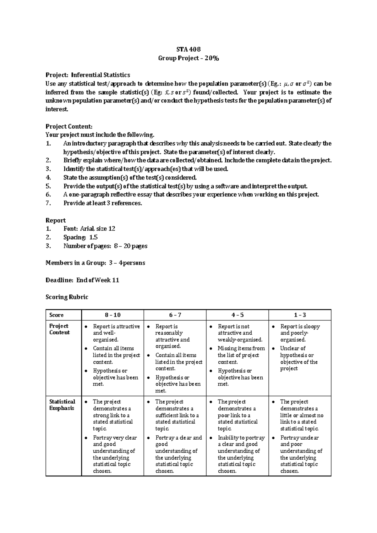 STA408 Group Project Guidelines: Inferential Statistics Analysis - Studocu