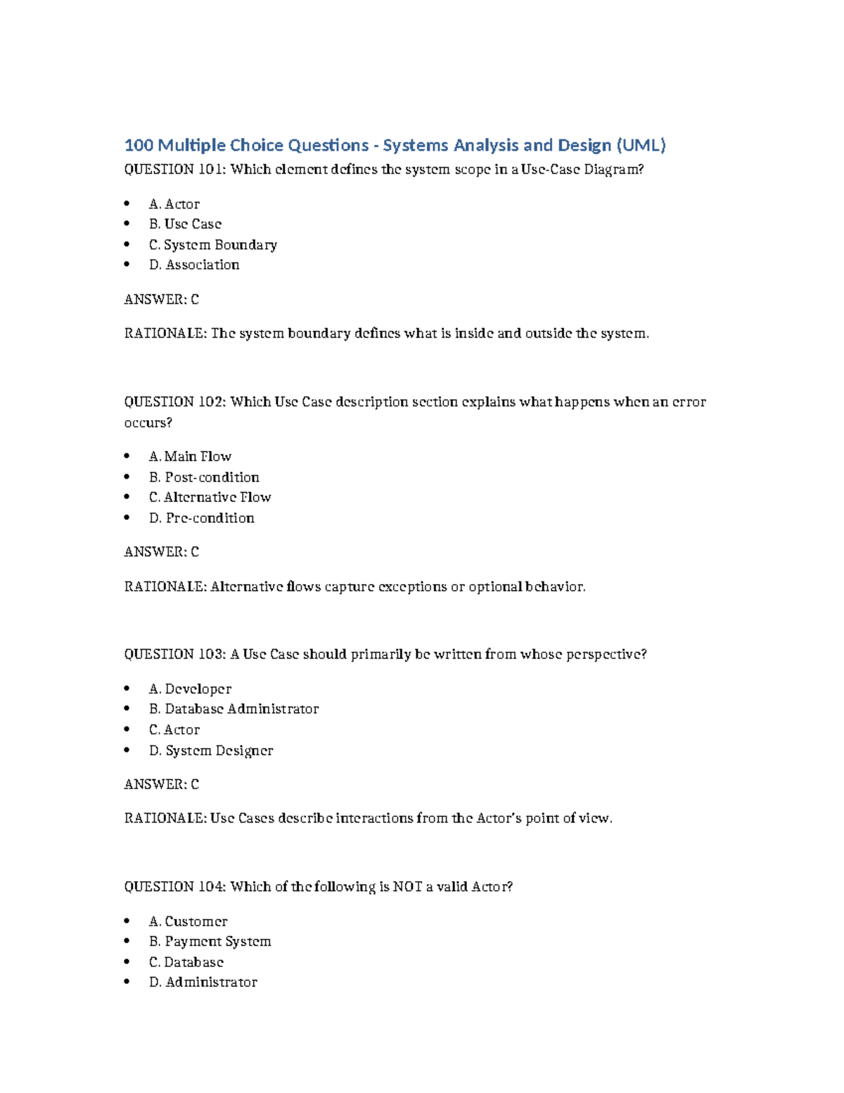 UML 100 MCQs for Systems Analysis and Design (SAD) - Studocu