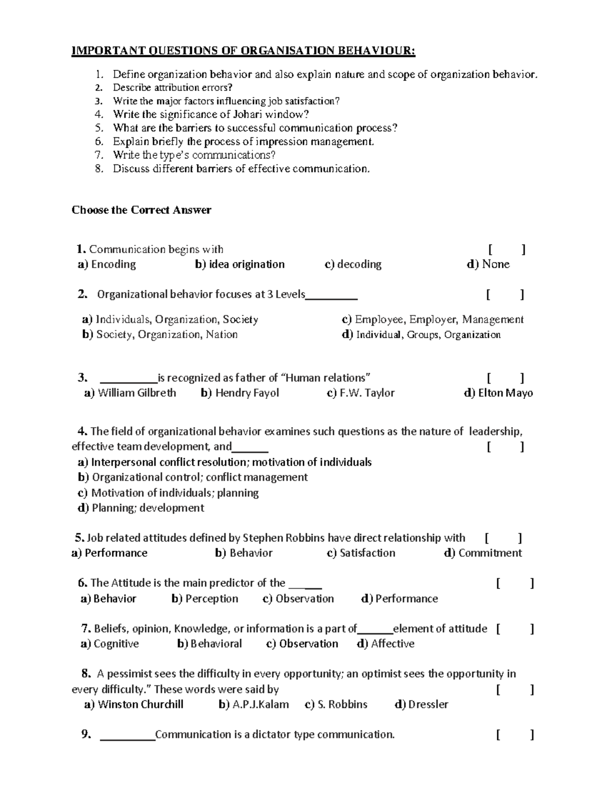 OB Important questions - IMPORTANT QUESTIONS OF ORGANISATION BEHAVIOUR ...