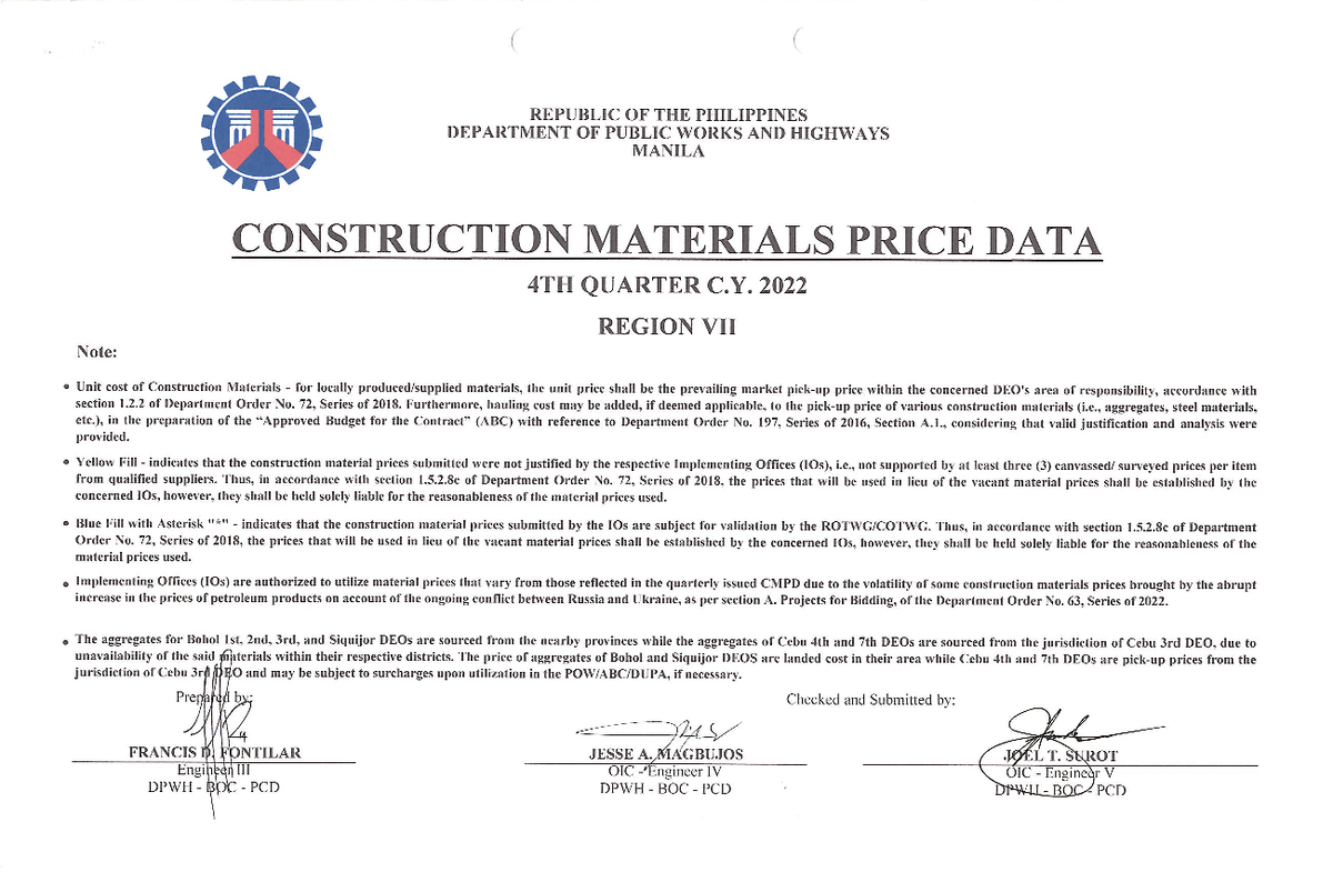 Construction Materials Price Data for Region VII - 4th Qtr CY 2022 ...