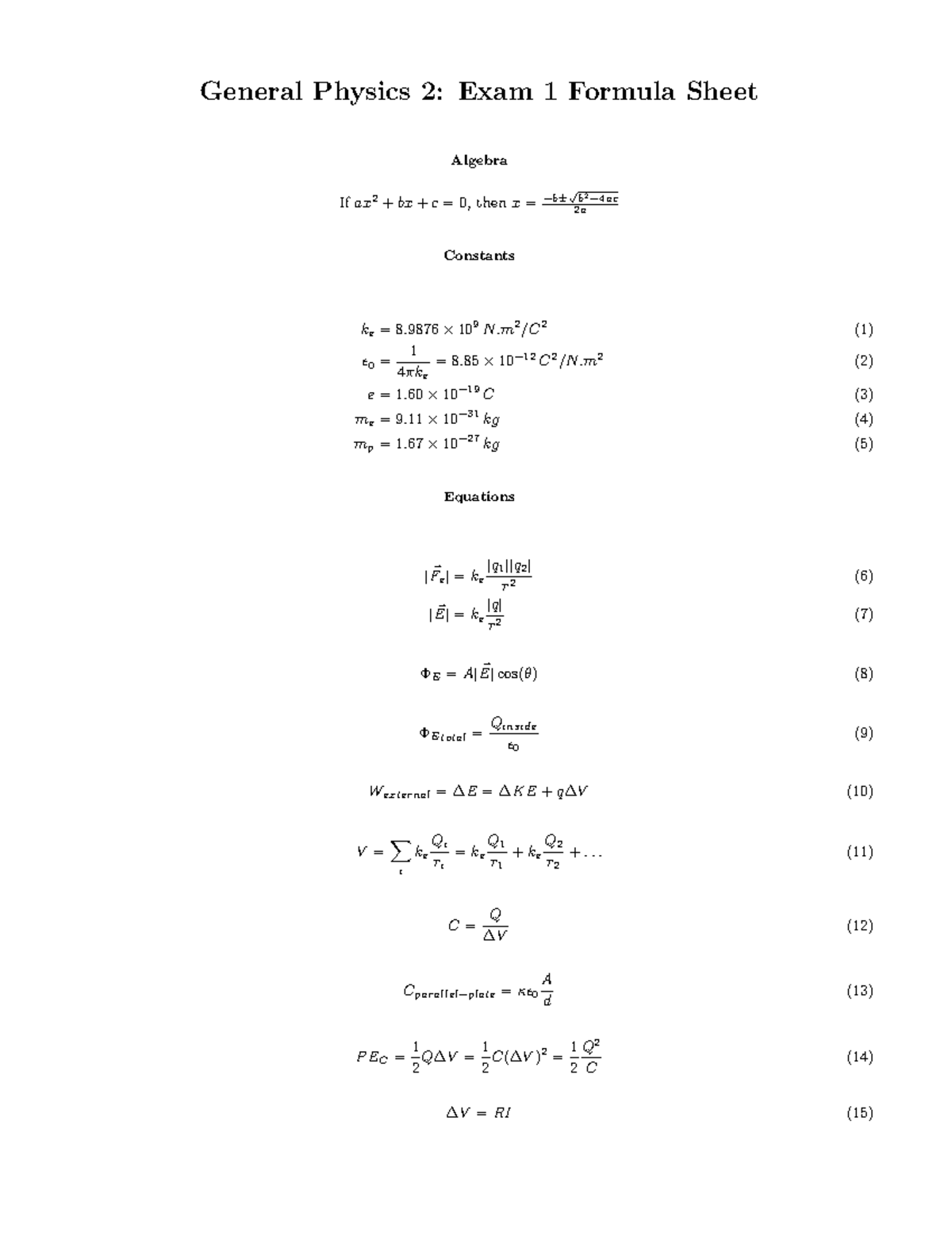 General Physics 2: Exam 1 Formula Sheet & Key Equations - Studocu