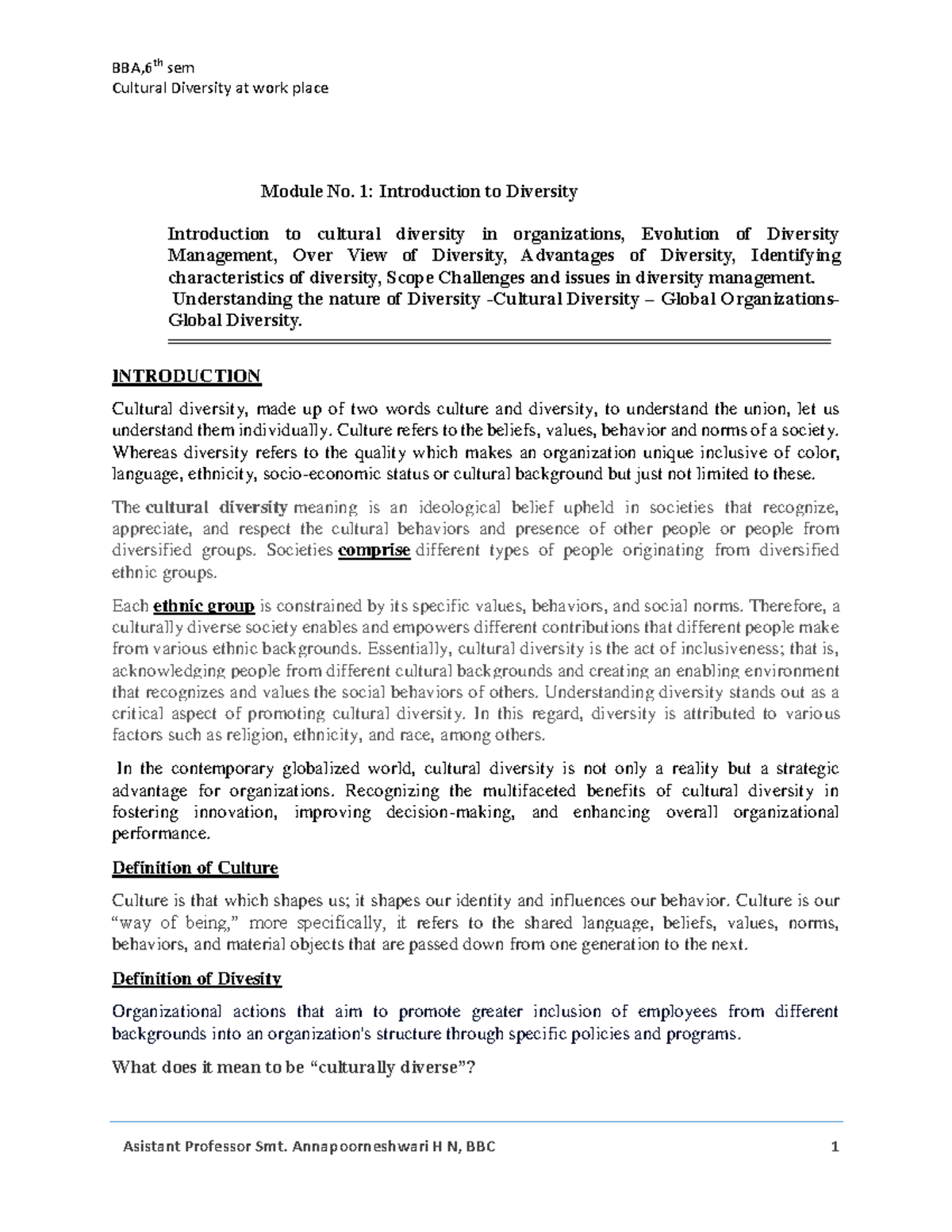 BBA 6th Sem: Cultural Diversity at Workplace - Module 1 Overview - Studocu