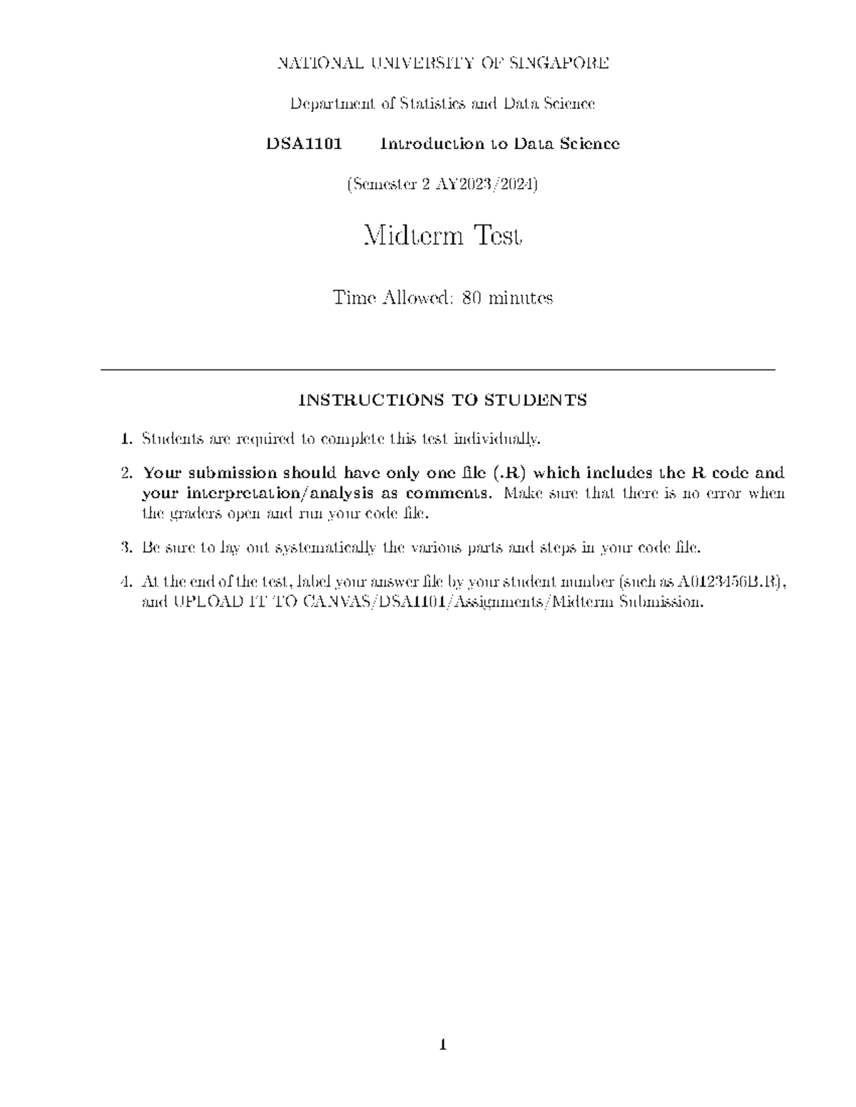 DSA1101 Practice Midterm Test: Data Science (Semester 2) - Studocu