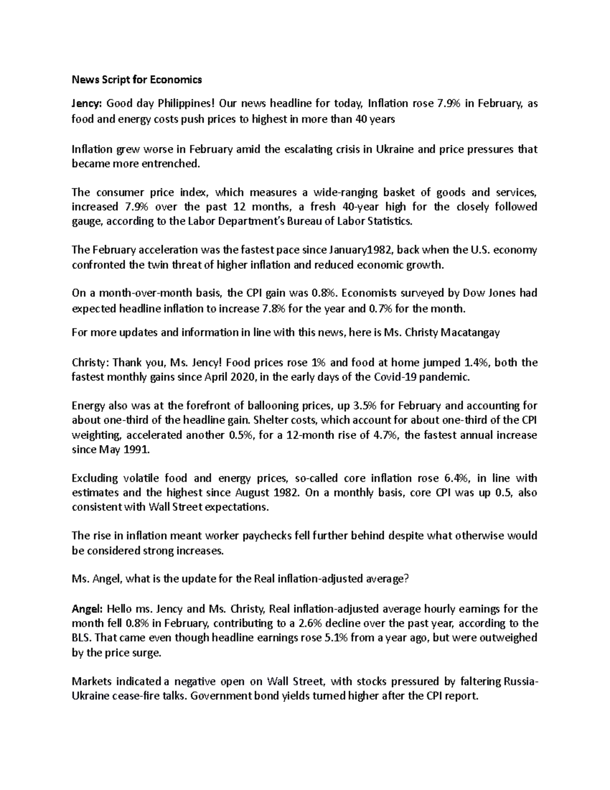 News Script for Economics - News Script for Economics Jency: Good day ...