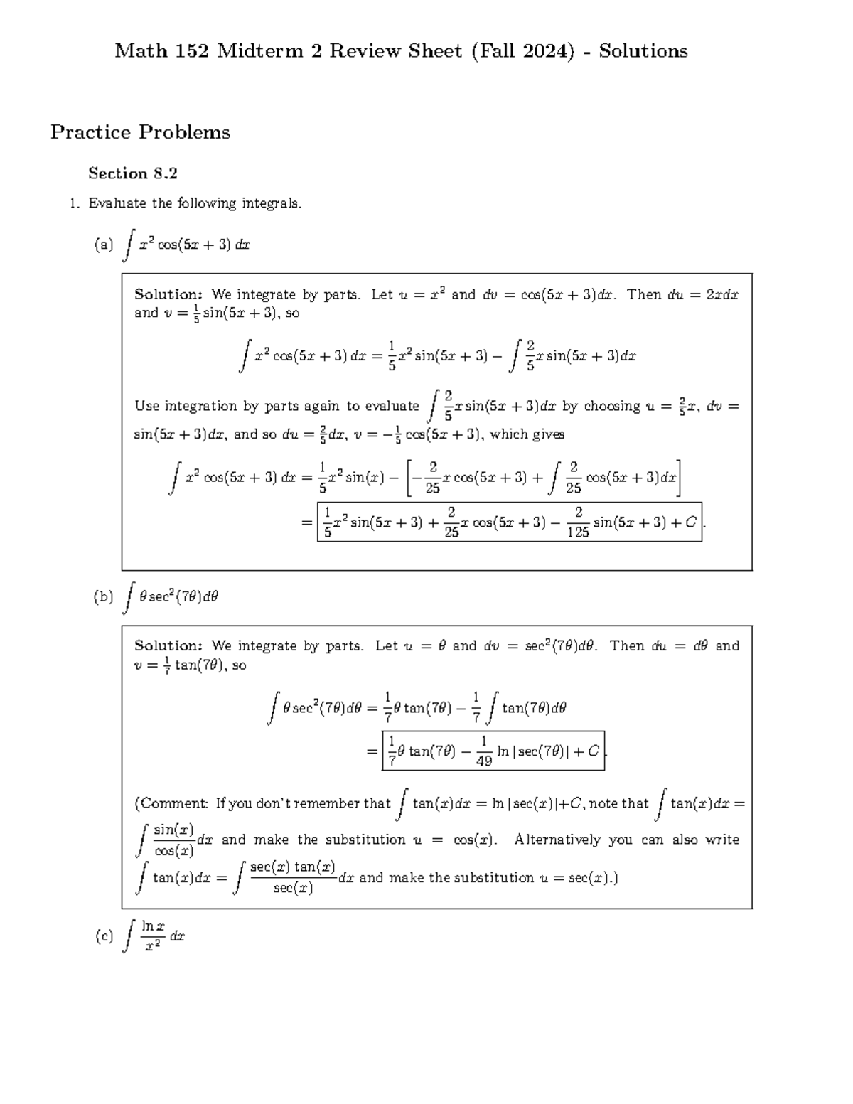 Math 152 Midterm 2 Review Sheet (Fall 2024) Solutions and Practice ...