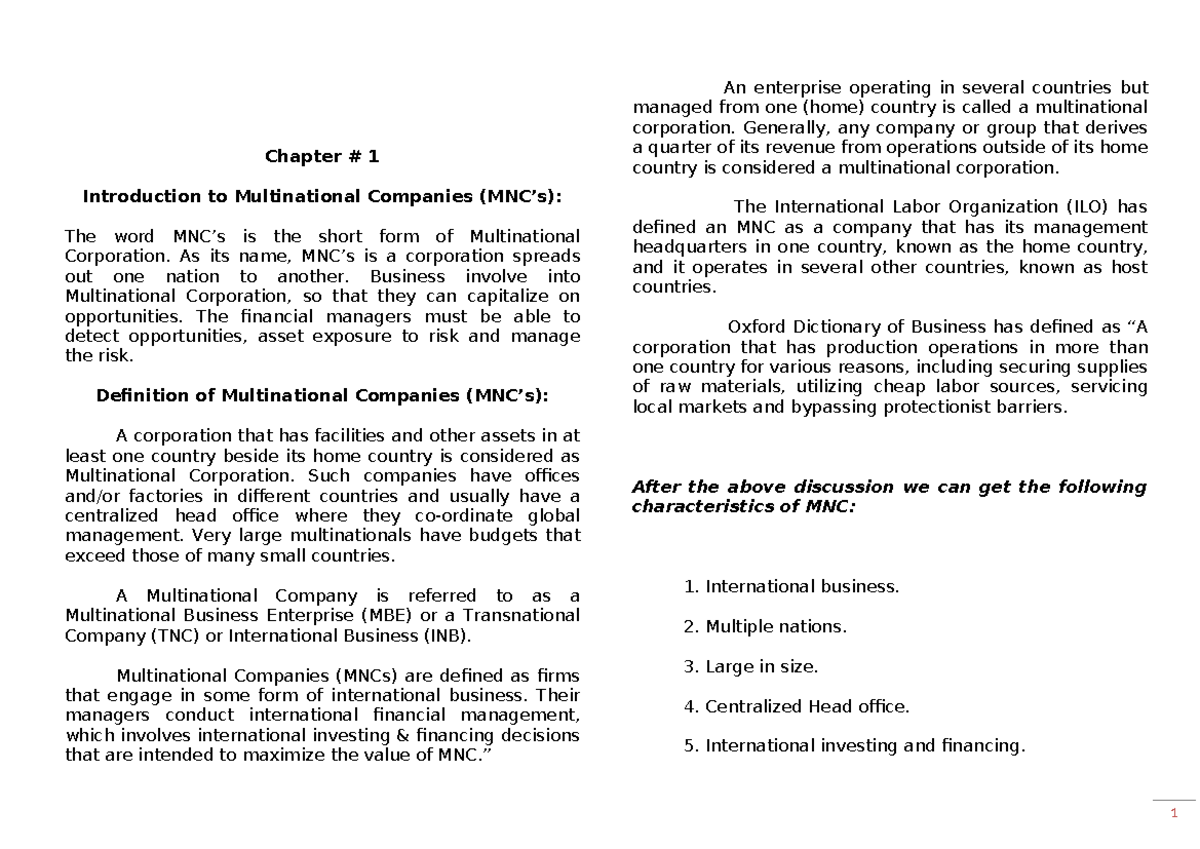 Chapter 1 - Overview of Multinational Companies (MNCs) and ...