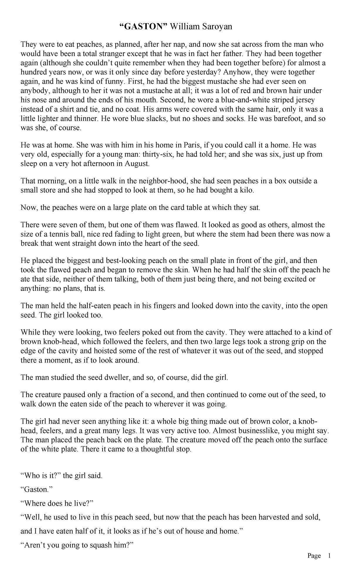 Colin Sickinger - Gr 6 Essay Notes on "Gaston" by William Saroyan - Studocu