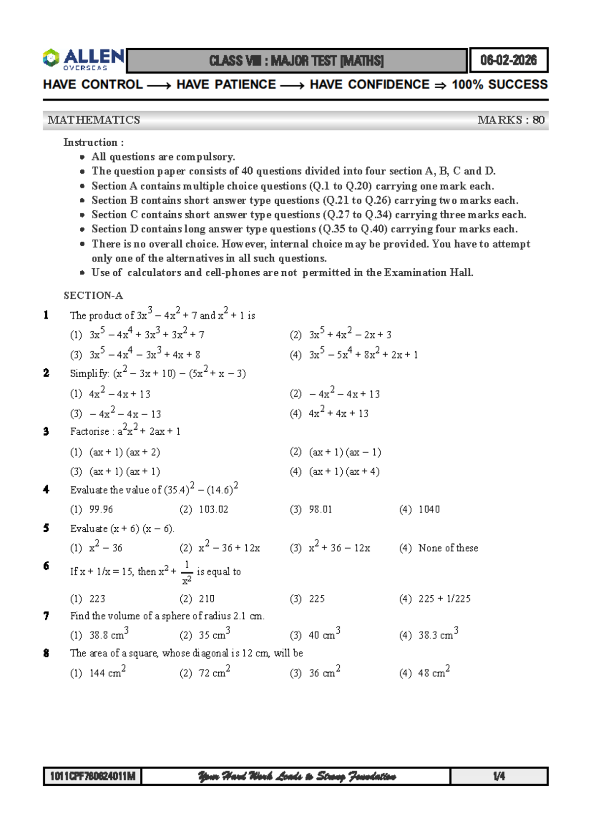 CLASS VIII MAJOR TEST MATHEMATICS - FINAL EXAM 80 MARKS - Studocu