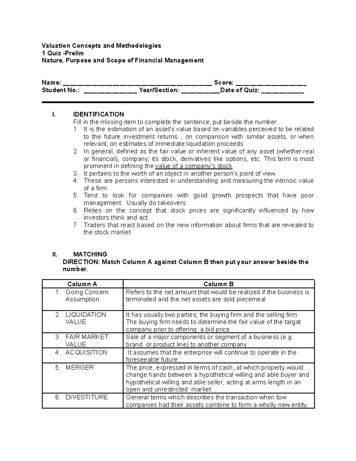 1 Quiz Prelim - Valuation Concepts and Methods (CH01) - Studocu