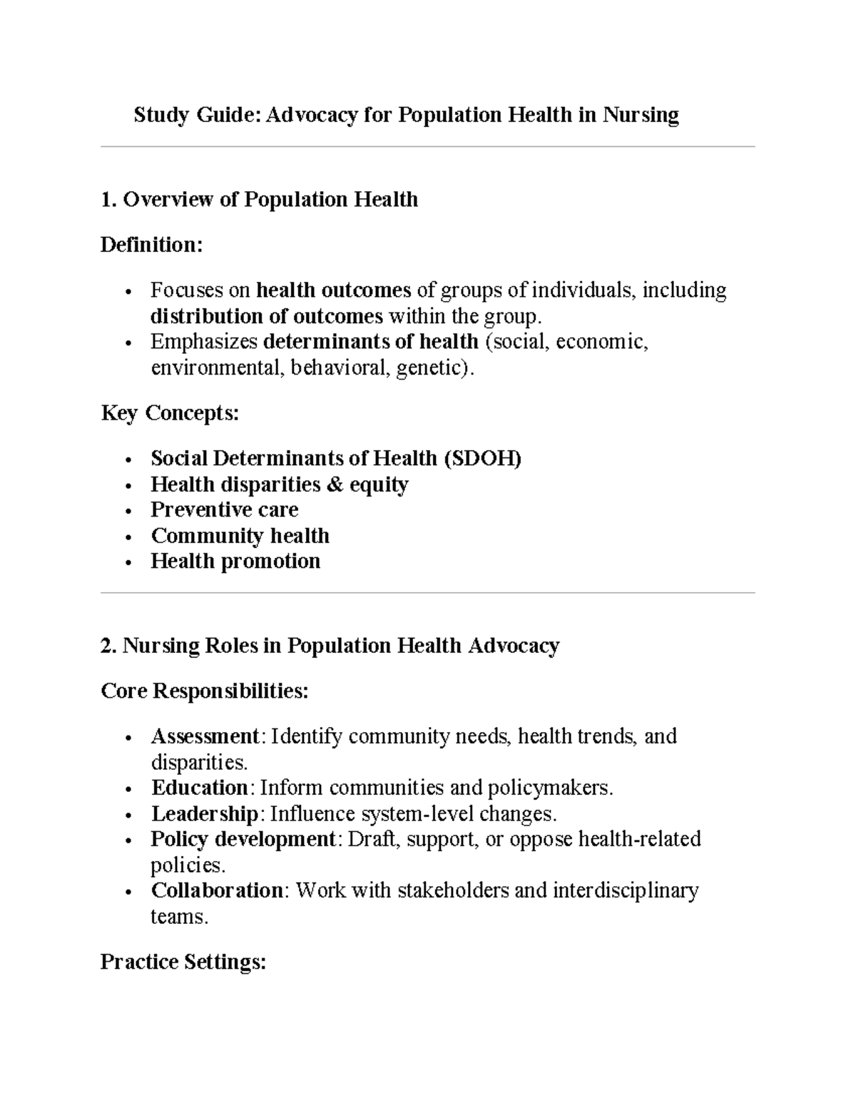 NUR 101: Study Guide for Advocacy in Population Health Nursing - Studocu