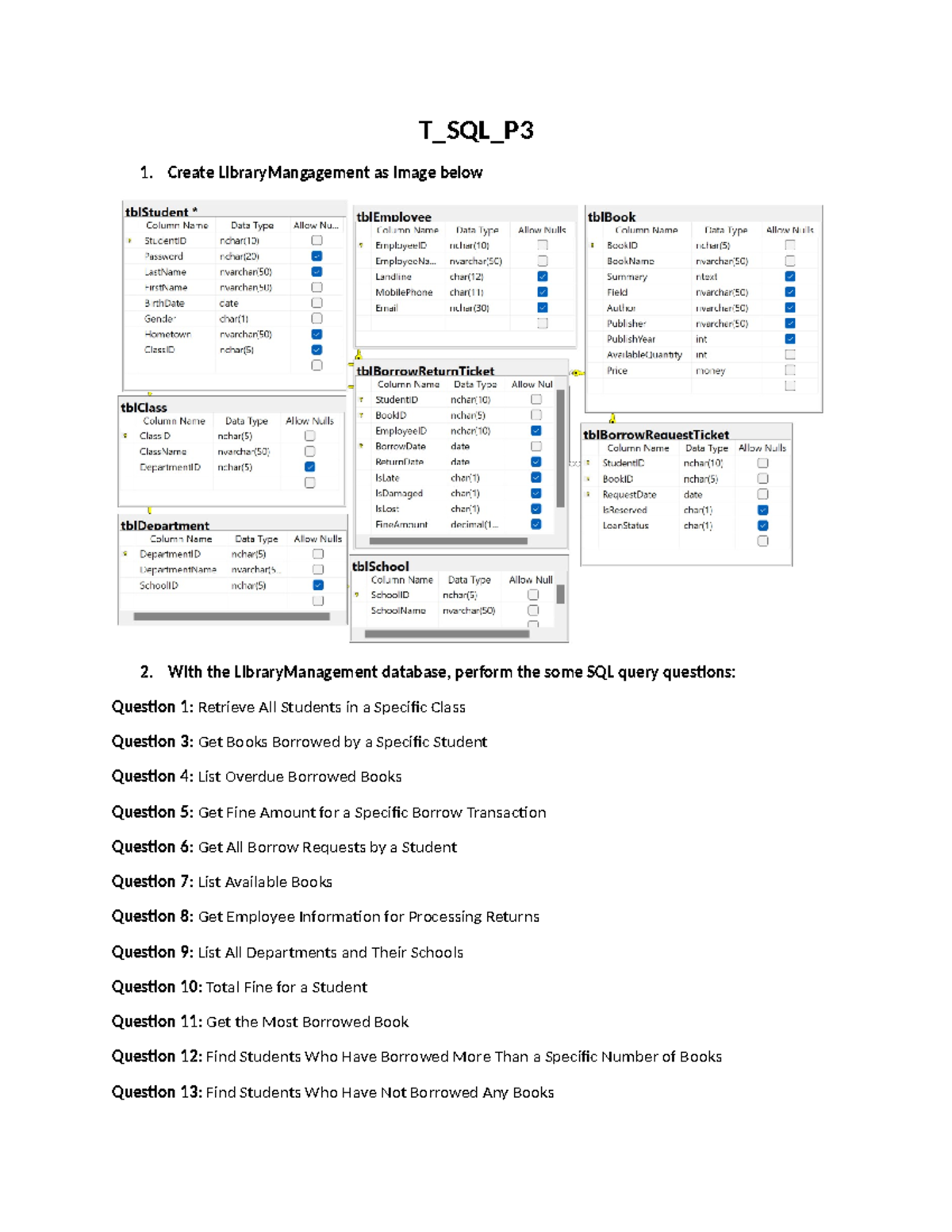 T SQL P3: Library Management Database Queries and Operations - Studocu