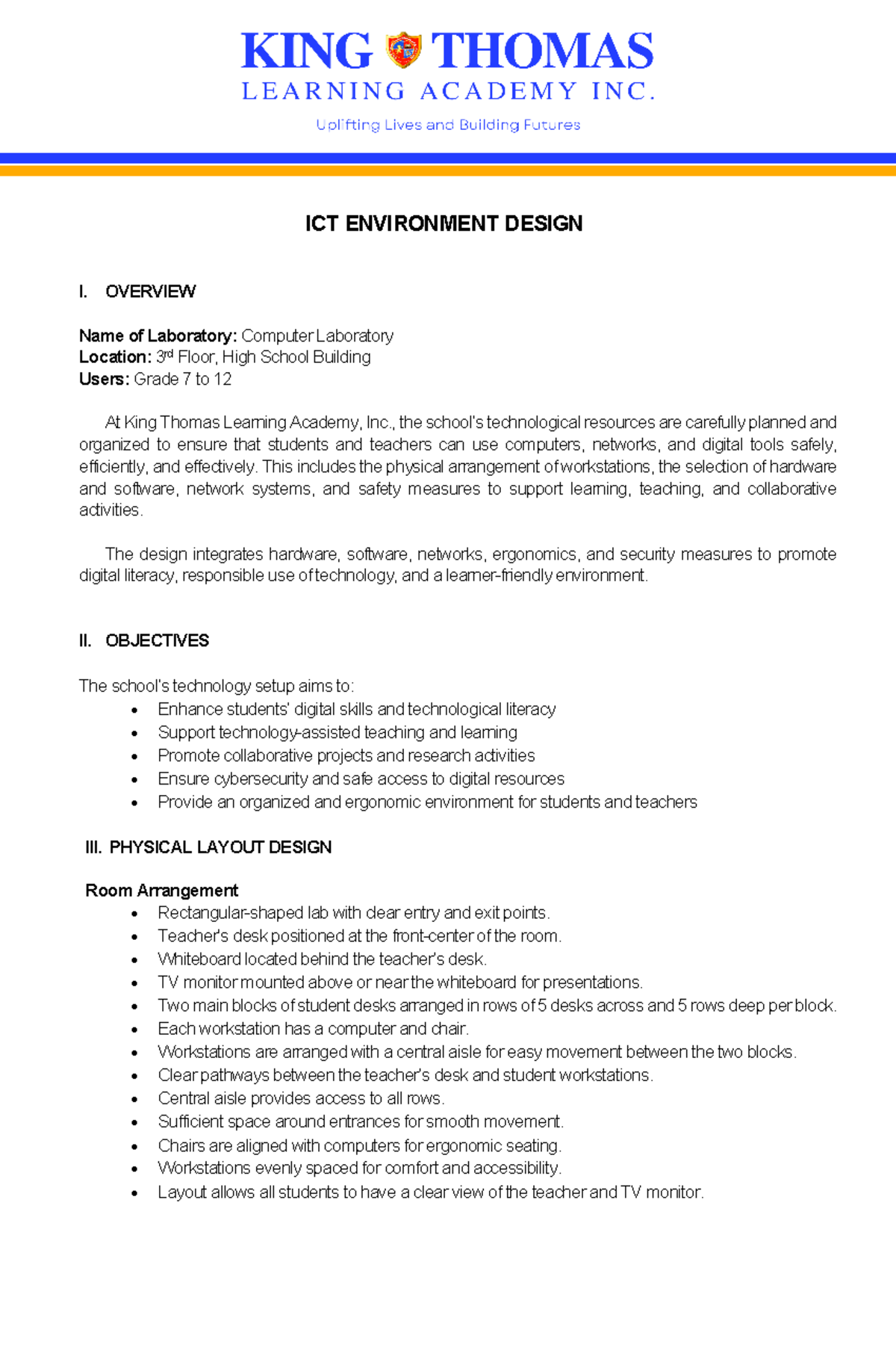 ICT ENVIRONMENT DESIGN I: Computer Lab Layout & Setup Guide - Studocu