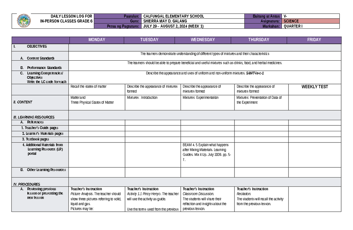 DLL Science 6 Q1 W1: Daily Lesson Log for Grade 6 - Studocu