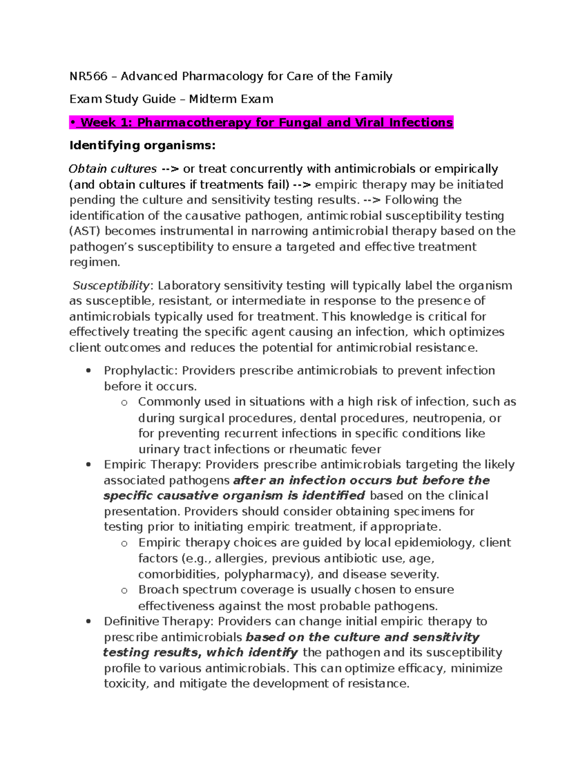 NR566 Advanced Pharmacology Midterm Exam Study Guide Weeks 1-4 - Studocu