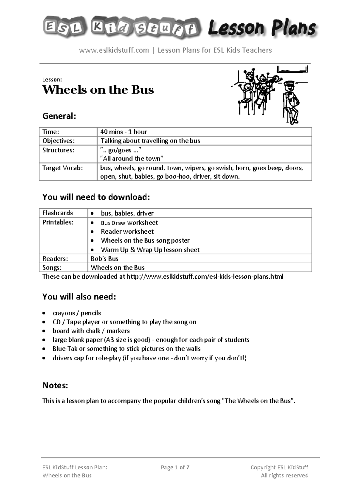 Wheels on the bus lesson plan - ####### ESL KidStuff Lesson Plan ...
