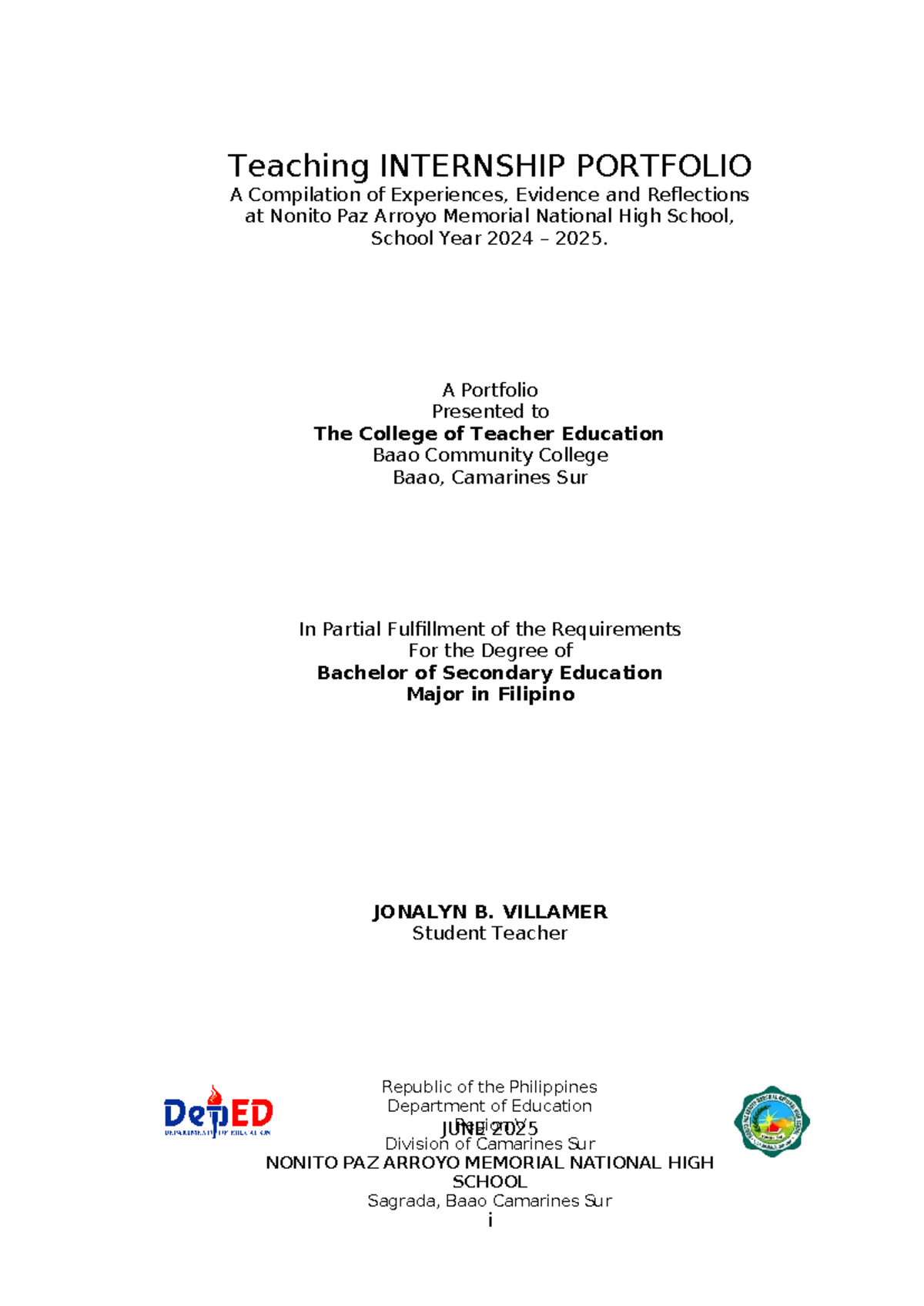 Teaching Internship Portfolio: Experiences & Reflections (BSE Filipino ...