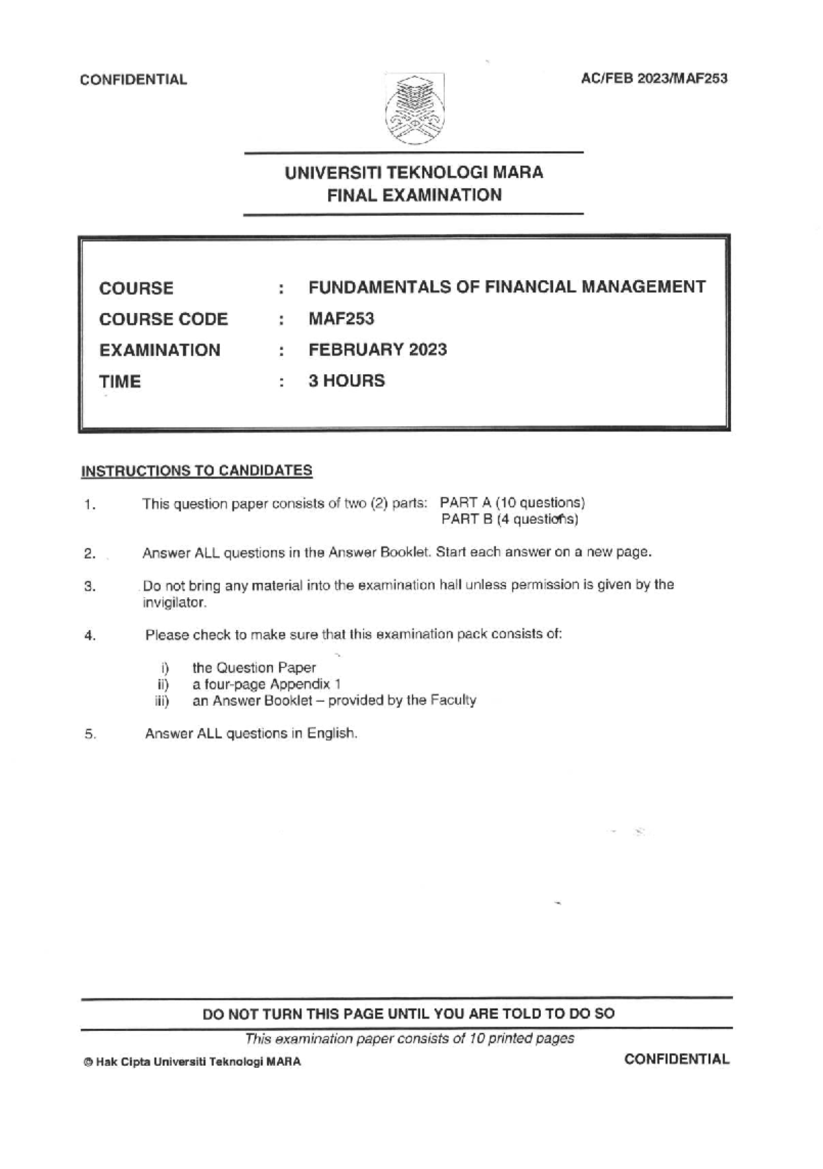 MAF253 Final Exam Paper - Fundamentals of Financial Management (Feb ...