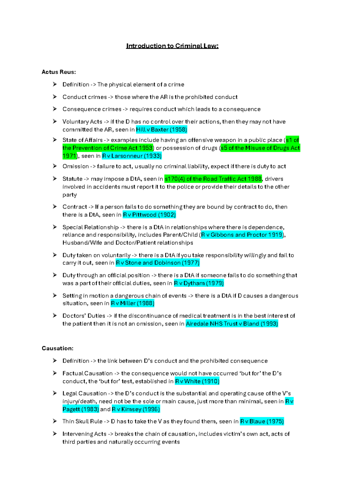 Criminal Law: Key Concepts of Actus Reus and Mens Rea Explained - Studocu