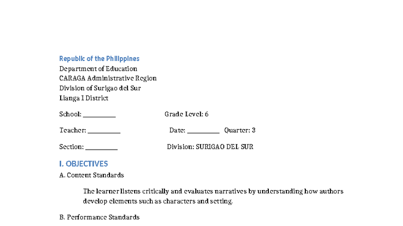 English 6 Lesson Plan: Evaluating Narrative Elements - Studocu