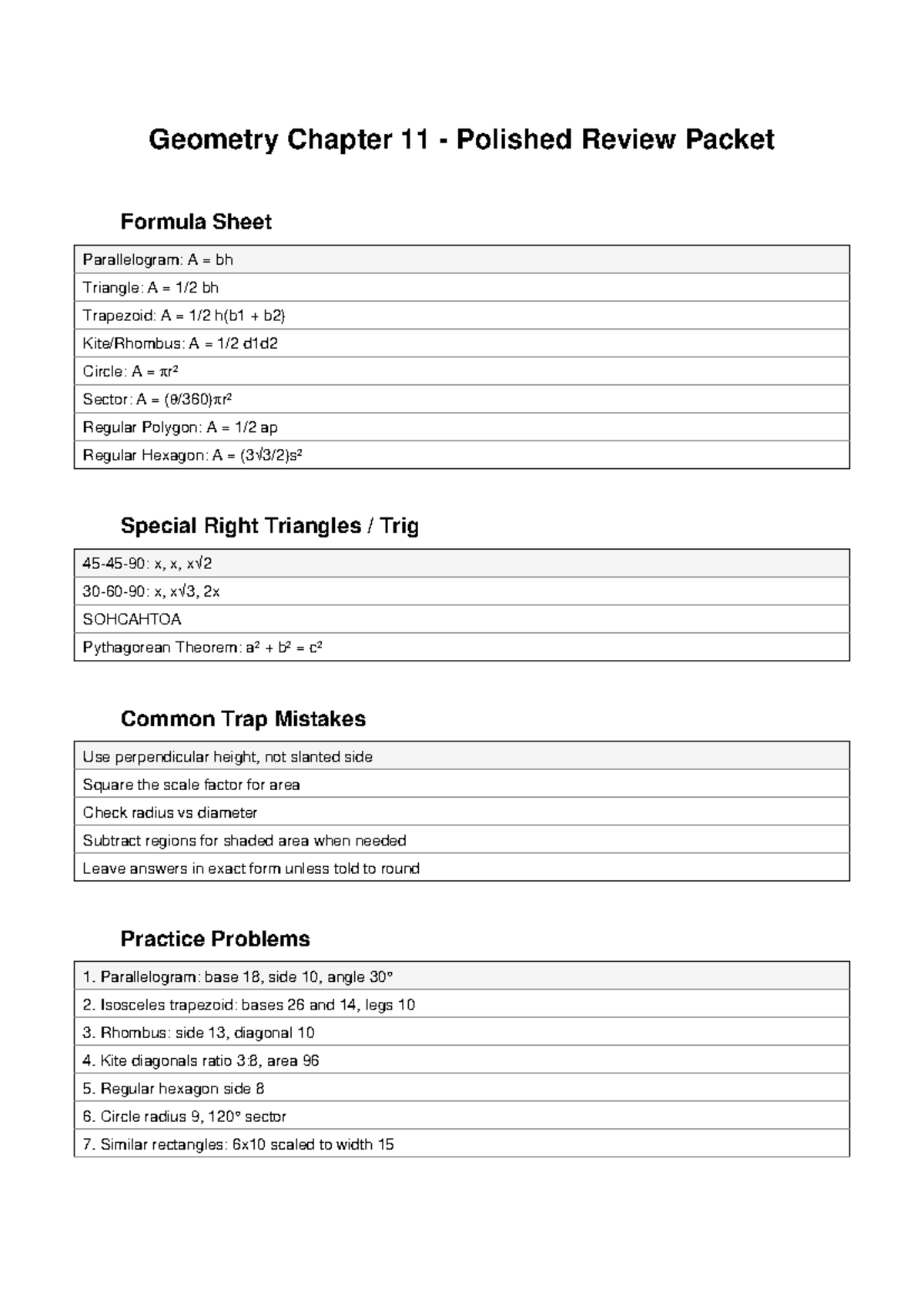 Geometry Chapter 11 Review Packet: Area Formulas & Practice - Studocu