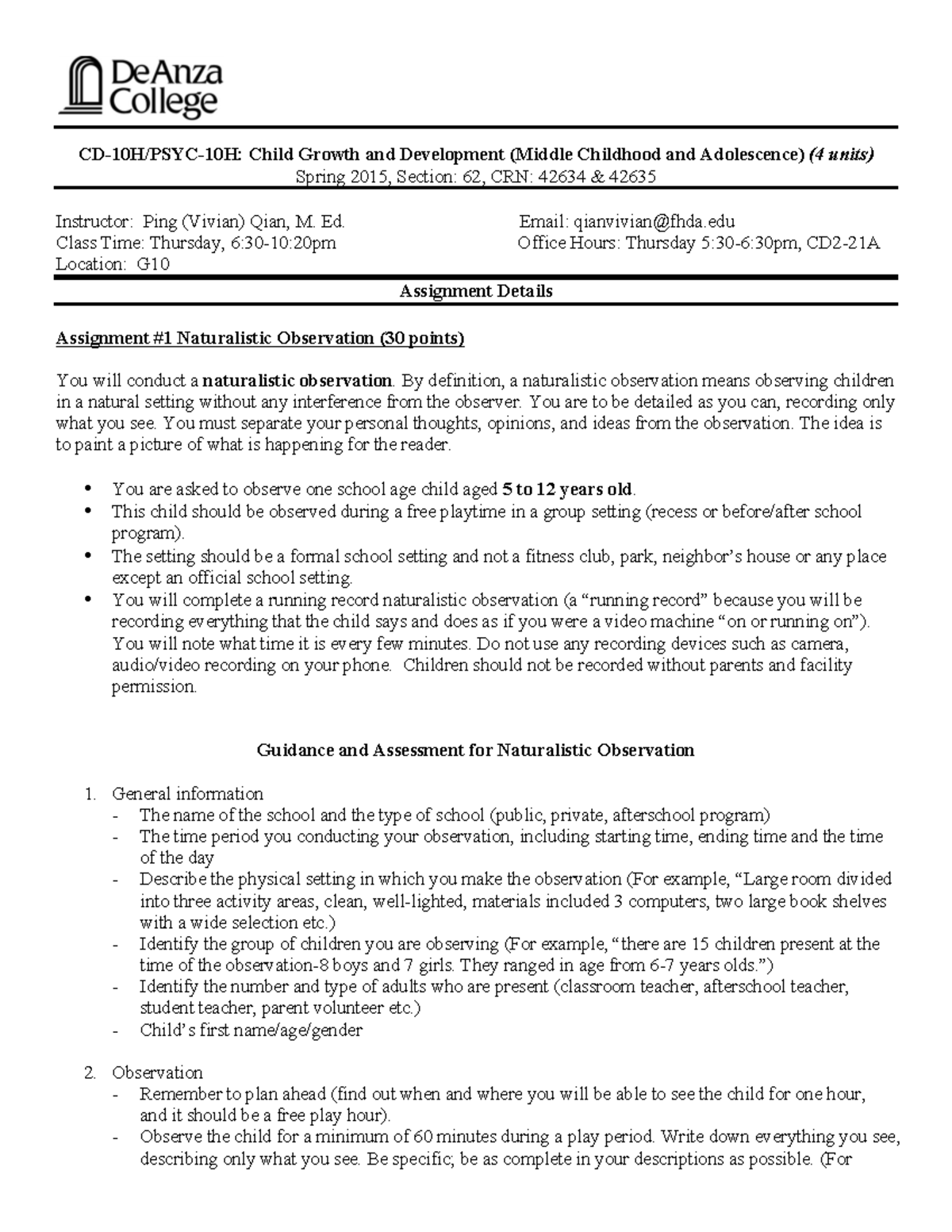 CD-10H/PSYC-10H: Assignment #1 on Naturalistic Observation Methods ...