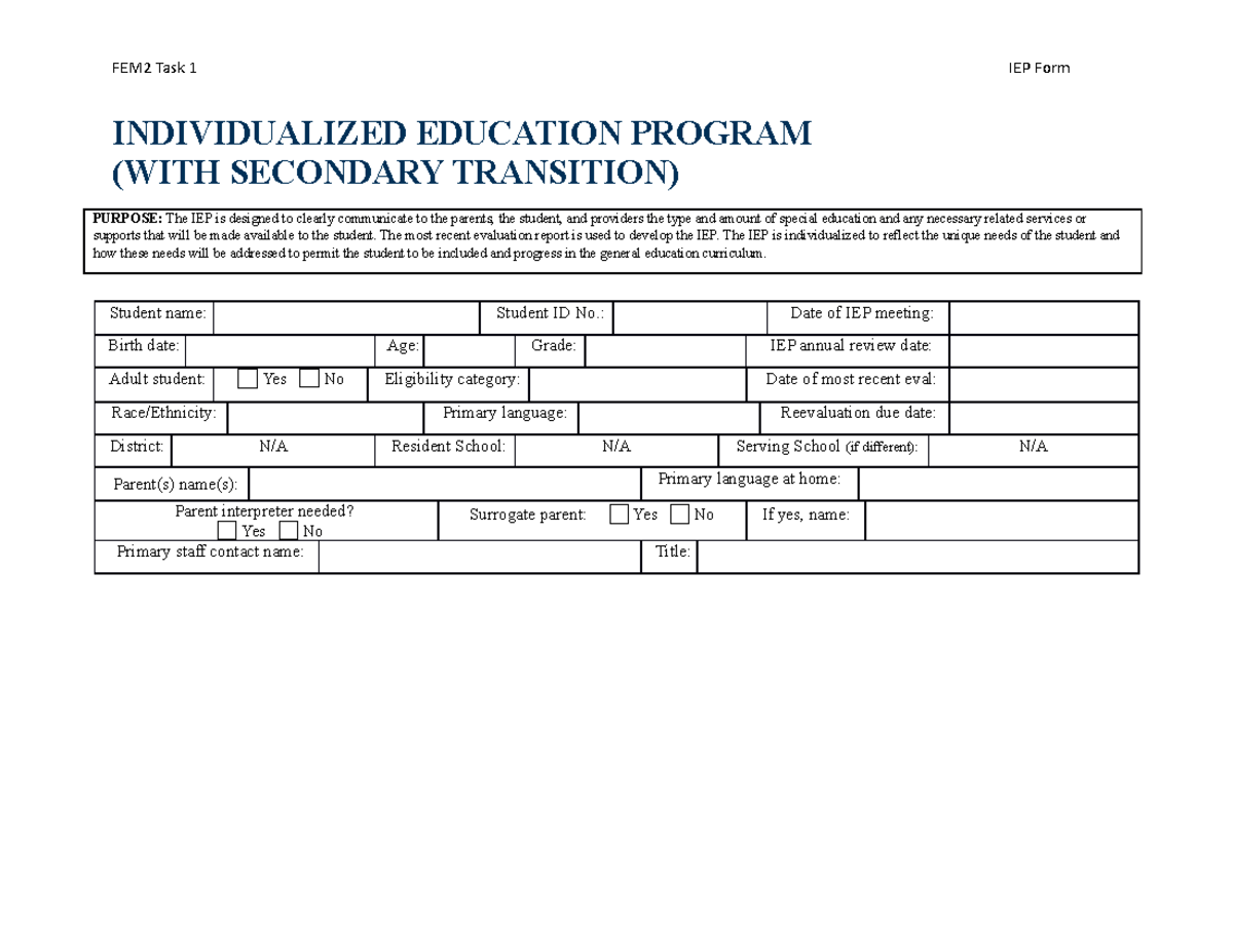 IEP COMPLETED FOR D004 WGU - FEM2 Task 1 IEP Form INDIVIDUALIZED ...