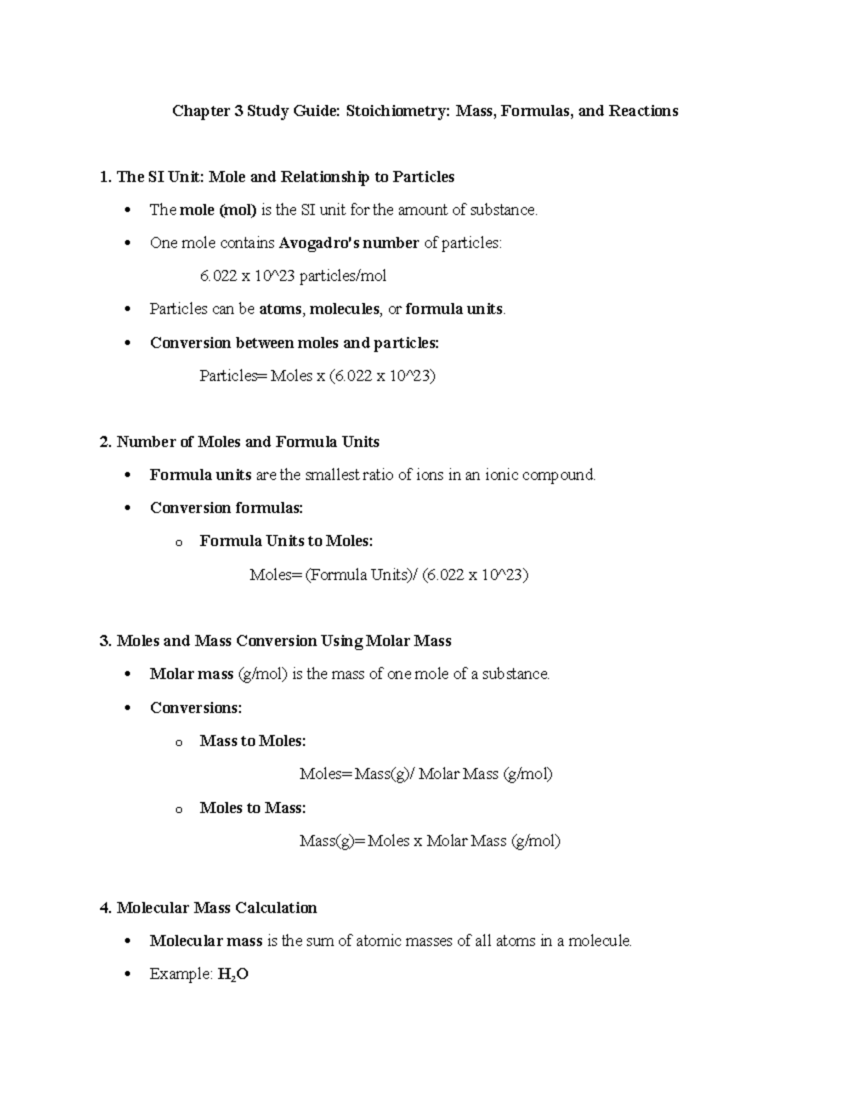 Chapter 3 Study Guide Chem1 - Chapter 3 Study Guide: Stoichiometry ...