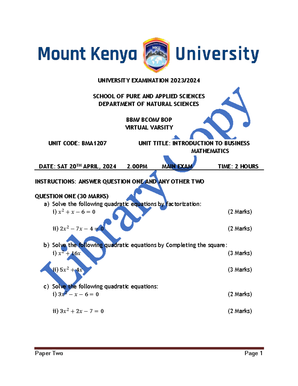 BMA1207 Final Exam: Introduction to Business Mathematics - Studocu