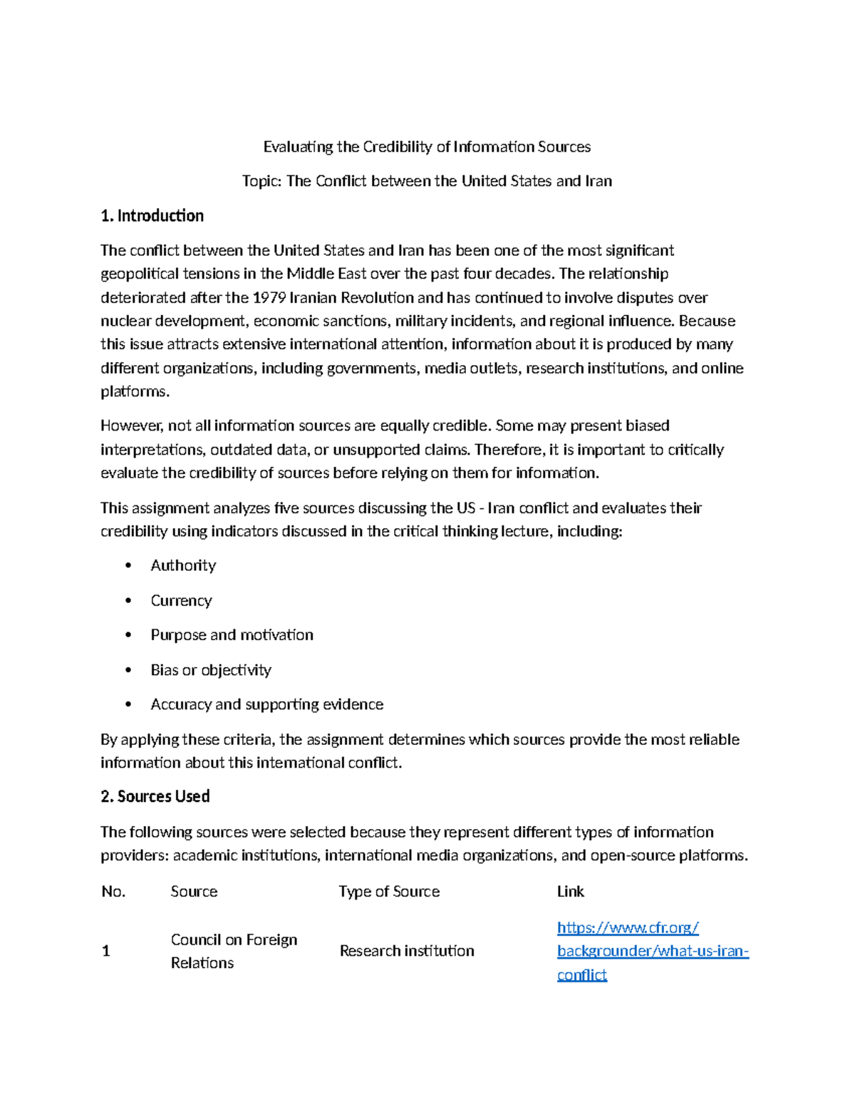 Evaluating Credibility of Info Sources: US-Iran Conflict Analysis - Studocu