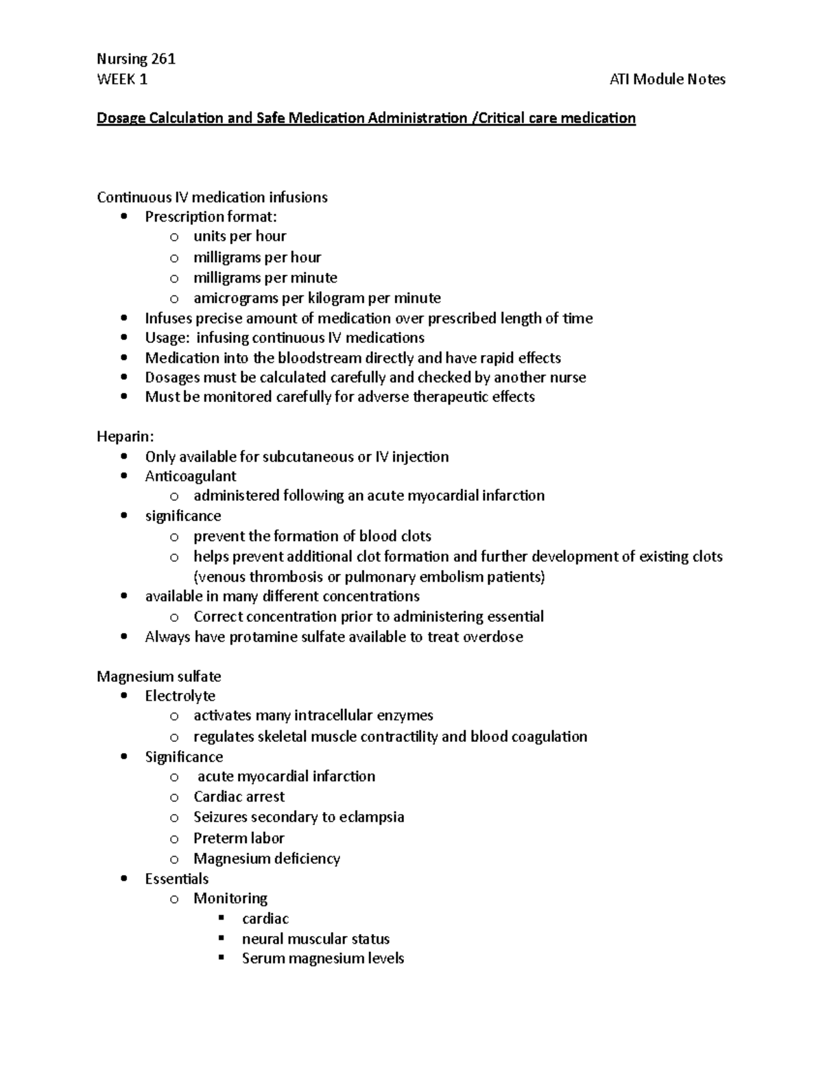 Continuous IV medication infusions - Nursing 261 WEEK 1 ATI Module ...