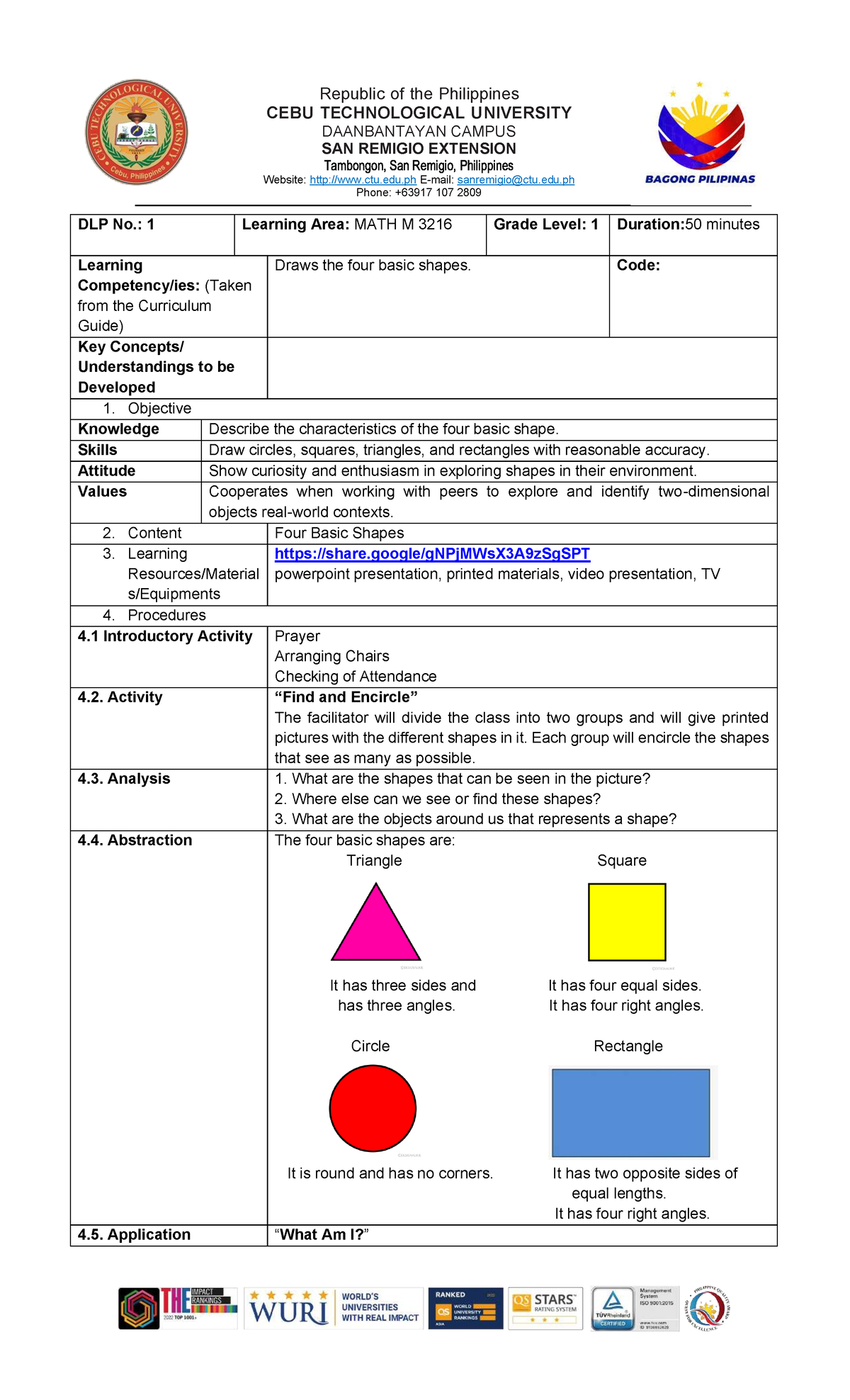 MATH M 3216: Exploring Basic Shapes - Lesson Plan and Activities - Studocu