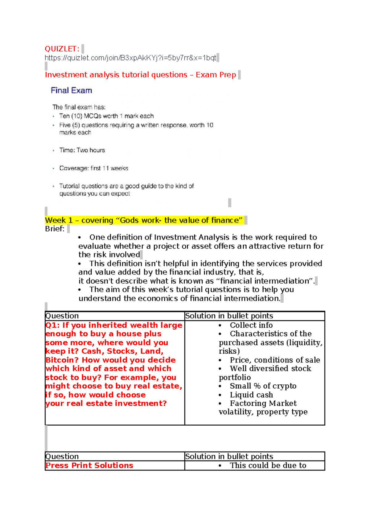 INVESTMENT ANALYSIS (FIN 301): Week 1-5 Quizlet Exam Prep & Tutorial ...