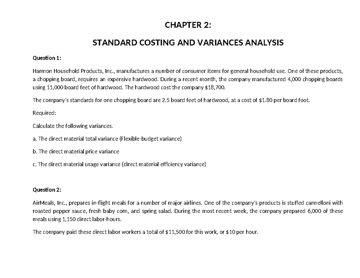 Exercise Chapter 2 - Variance Analysis and Costing Techniques - Studocu