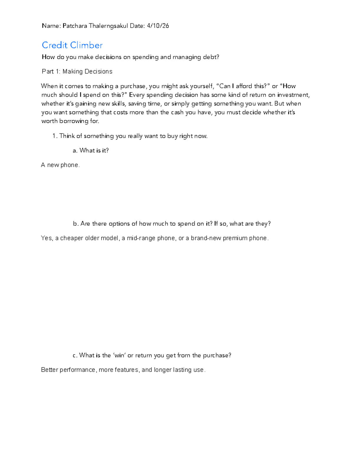 Credit Climber Worksheet: Smart Spending & Debt Management Guide - Studocu