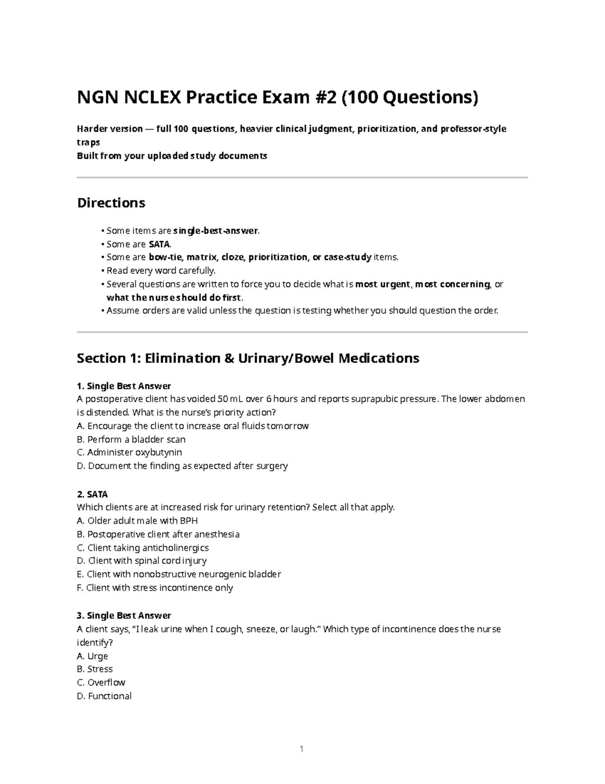 NGN NCLEX Exam #2T4 - Comprehensive Practice Test with 100 Questions ...