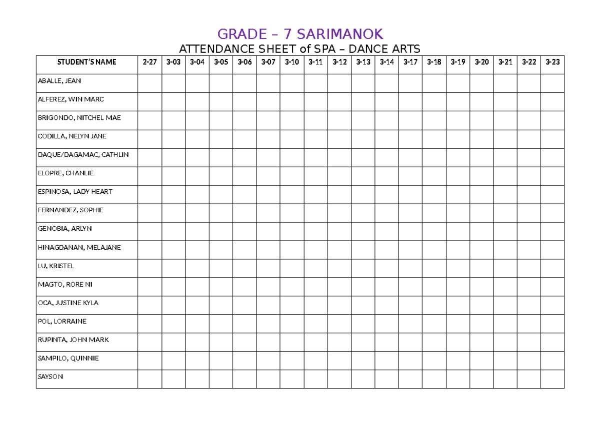 Dance ARTS 7 & 8 Attendance - GRADE – 7 SARIMANOK ATTENDANCE SHEET of ...