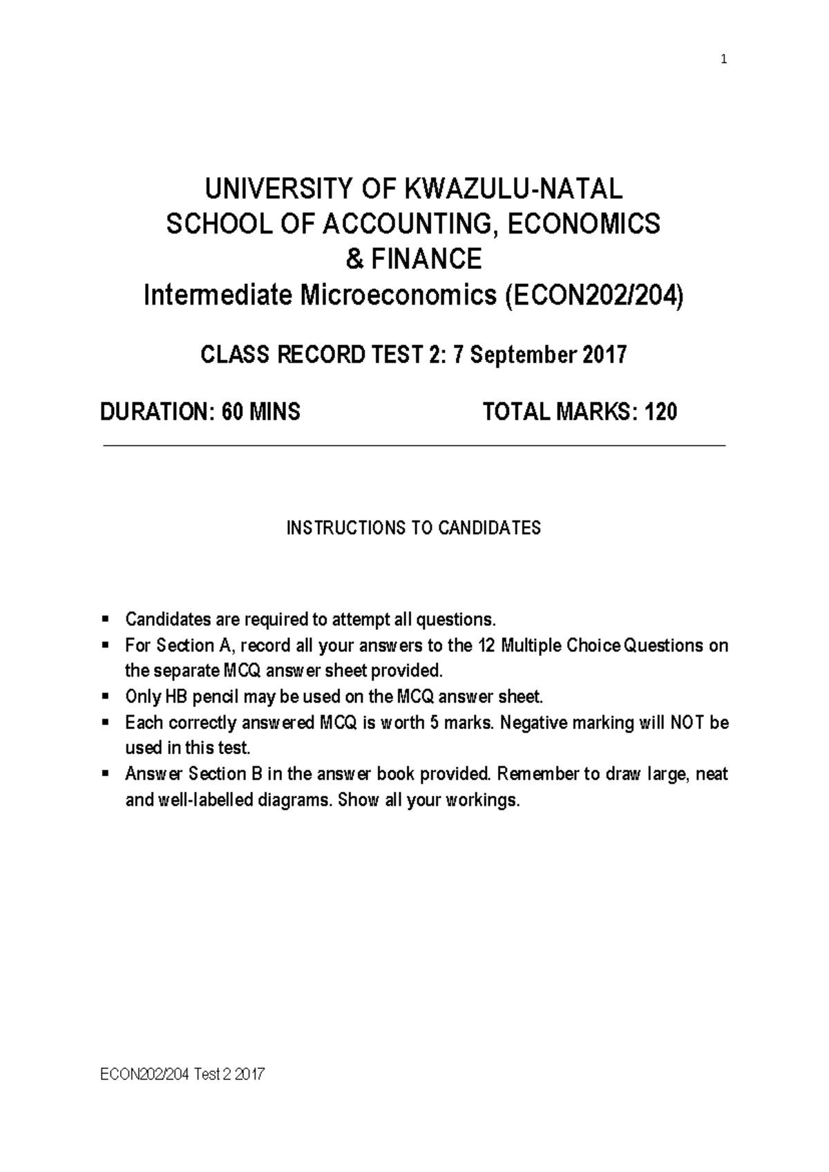 Econ 202 Test 2-2017 - Econ202 - UKZN - Studocu